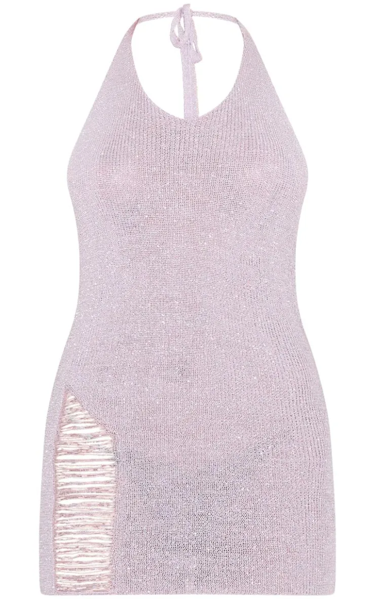 Glitter Knit Distressed Ladder Halterneck Mini Dress-PrettyLittleThing Best