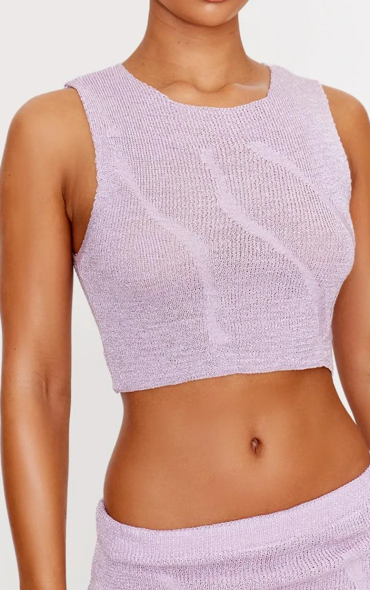 Hot PrettyLittleThing Lurex Knitted Contrast Detail Crop Top Lilac