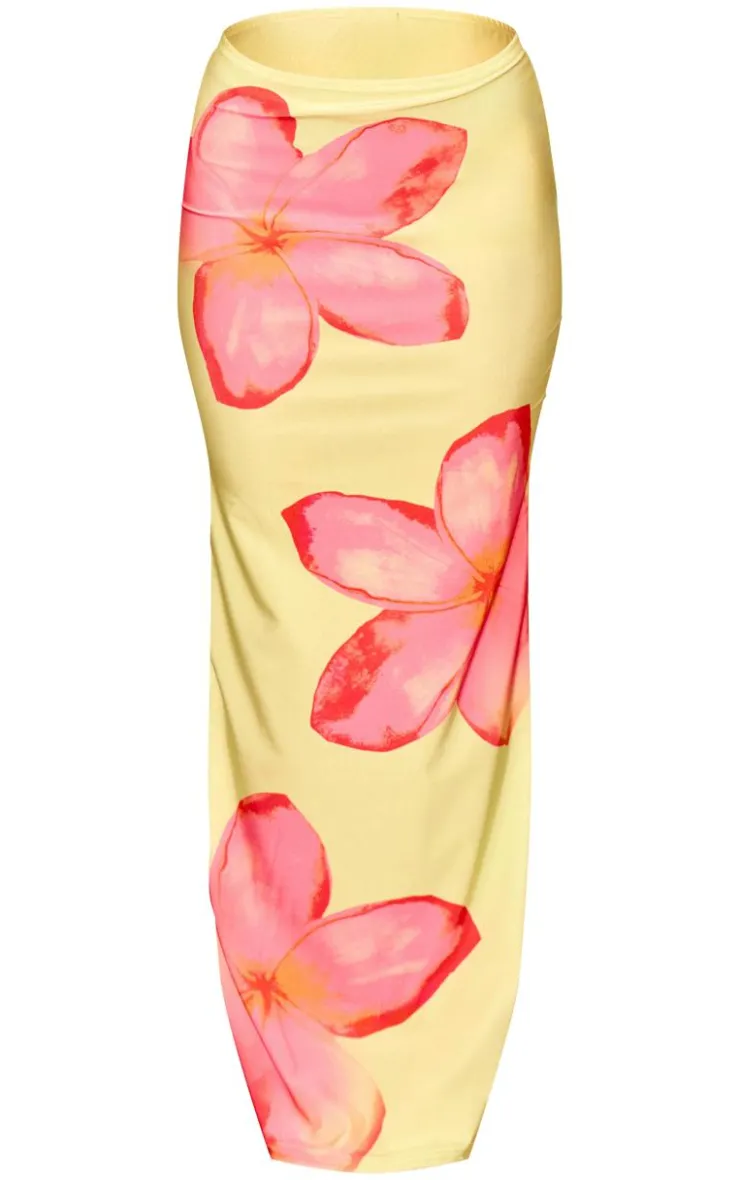 PrettyLittleThing Flower Print Stretch Satin Low Rise Maxi Skirt Lime