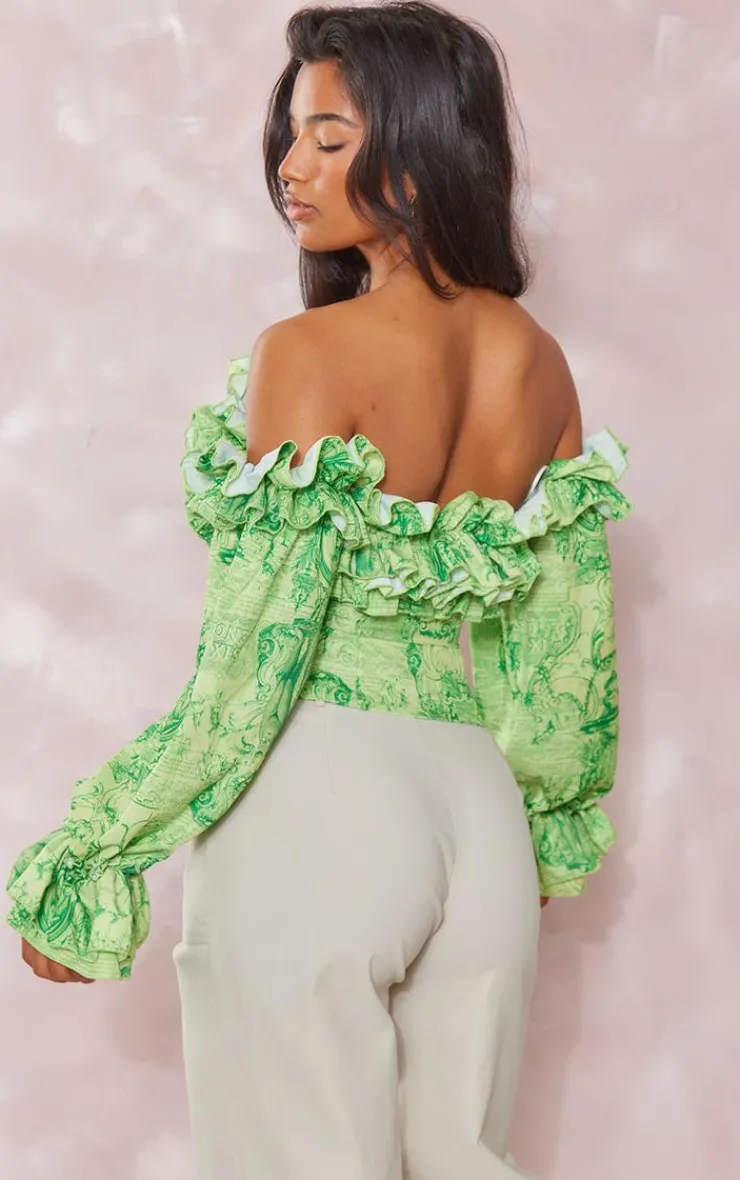 Renaissance Print Ruffle Hem Off Shoulder Long Sleeve Blouse-PrettyLittleThing Hot