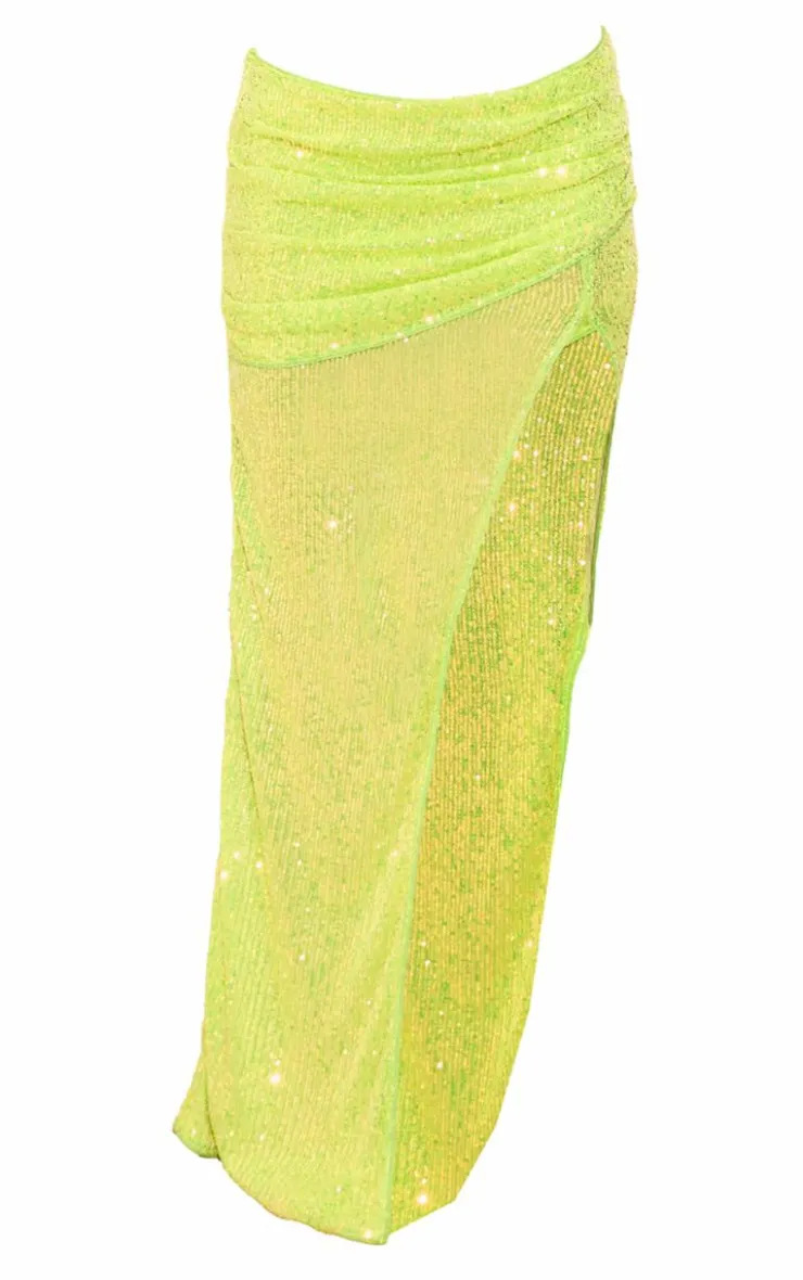 Online PrettyLittleThing Sequin Fold Over Split Leg Maxi Skirt Lime