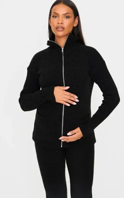 Discount PrettyLittleThing Maternity Boucle Knit Zip Up Long Sleeve Top Black