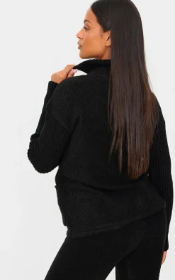 Discount PrettyLittleThing Maternity Boucle Knit Zip Up Long Sleeve Top Black