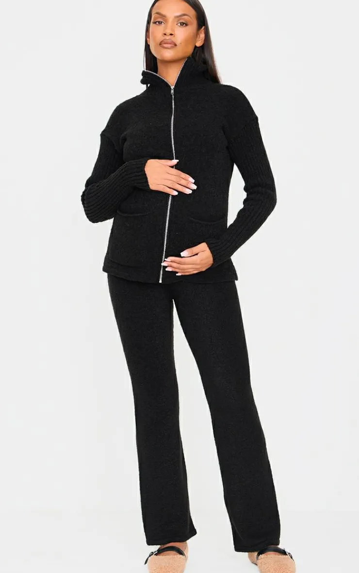 Discount PrettyLittleThing Maternity Boucle Knit Zip Up Long Sleeve Top Black
