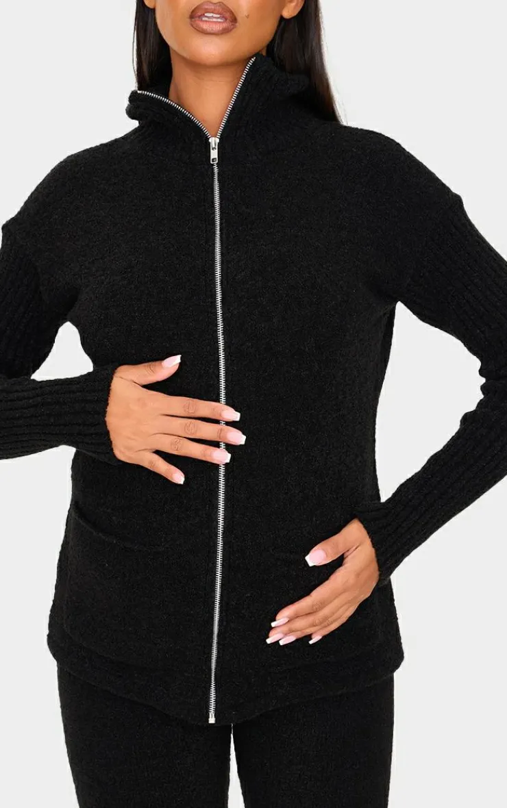Discount PrettyLittleThing Maternity Boucle Knit Zip Up Long Sleeve Top Black