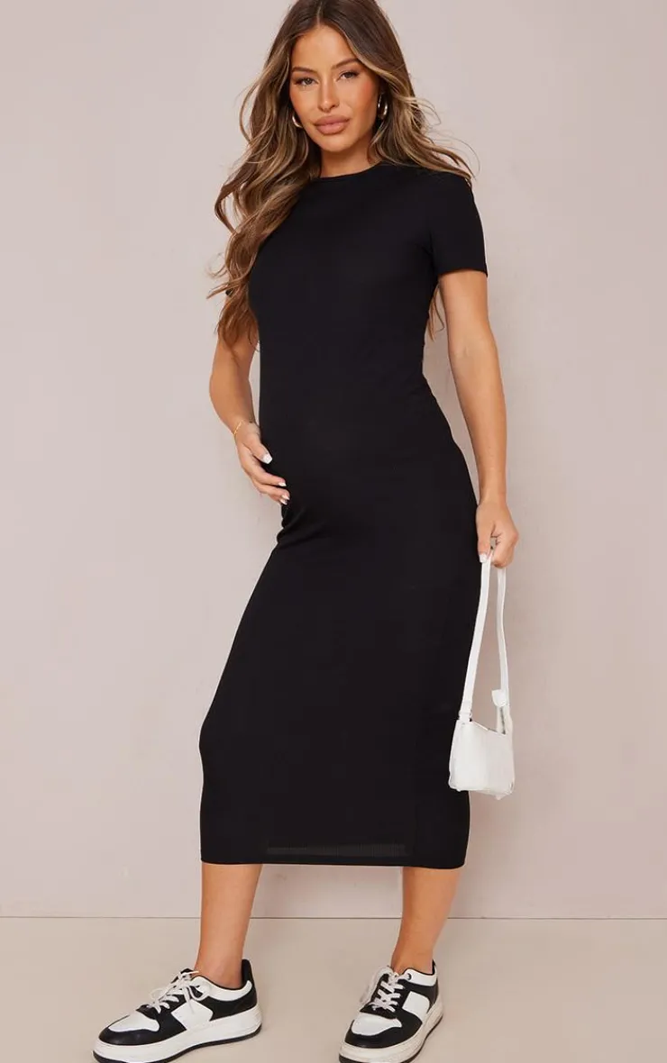 Maternity Crew Neck Ribbed Midi Dress-PrettyLittleThing