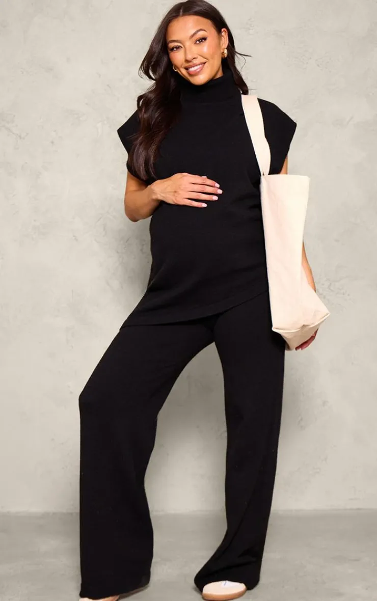 Outlet PrettyLittleThing Maternity Knit Wide Leg Pants Black