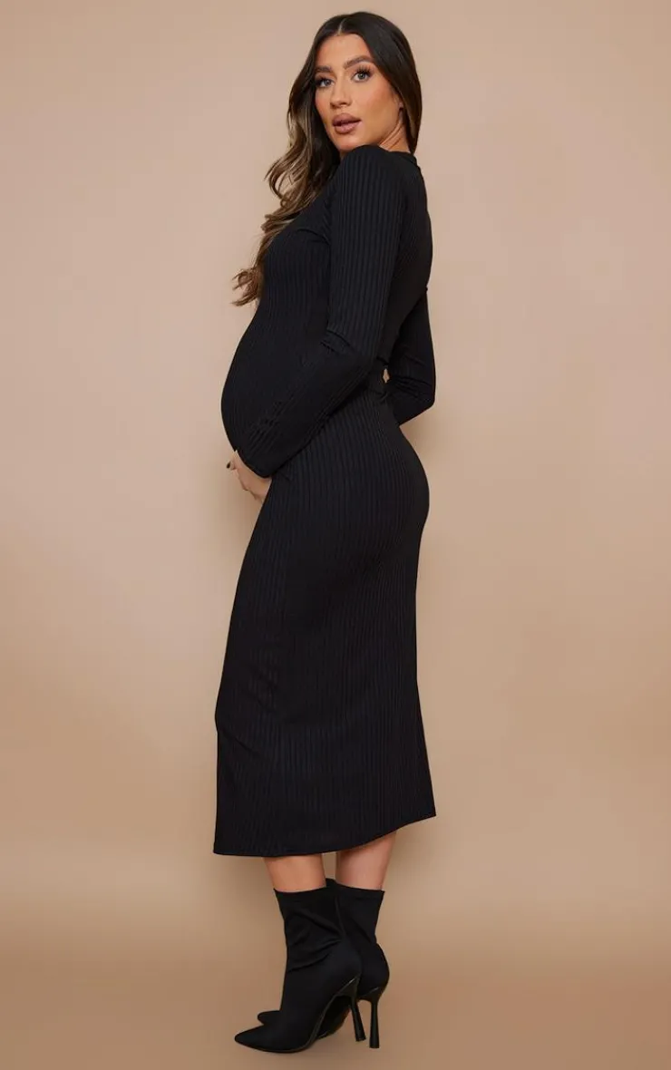 Maternity Ribbed Long Sleeve Midi Dress-PrettyLittleThing New