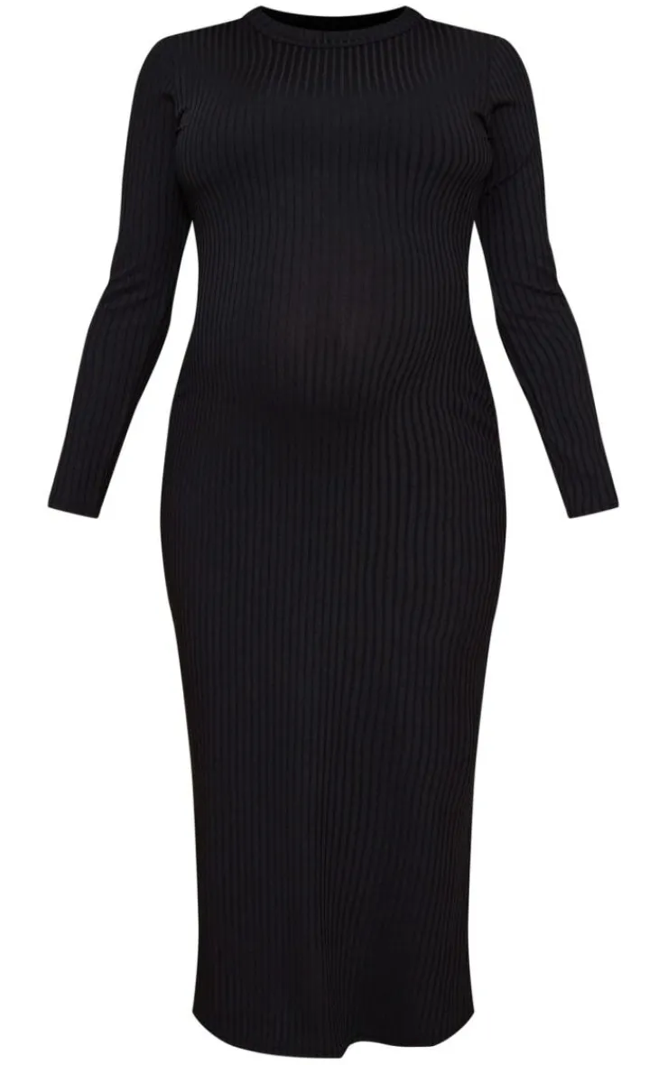 Maternity Ribbed Long Sleeve Midi Dress-PrettyLittleThing New