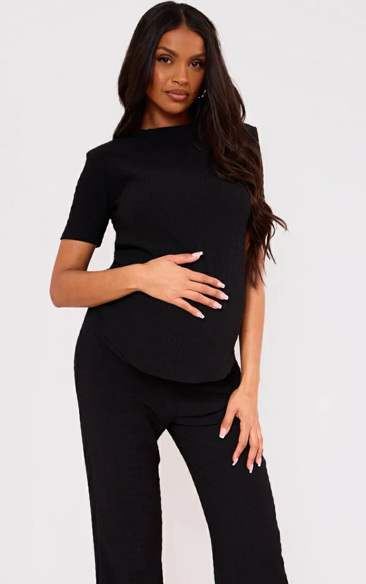 PrettyLittleThing Maternity Textured Short Sleeve Top Black