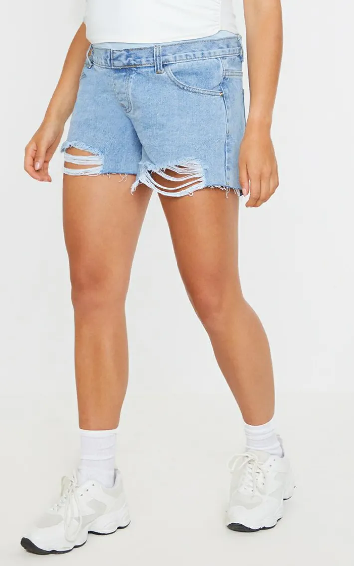 Maternity Blue Belly Band Light Wash Ripped Denim Shorts