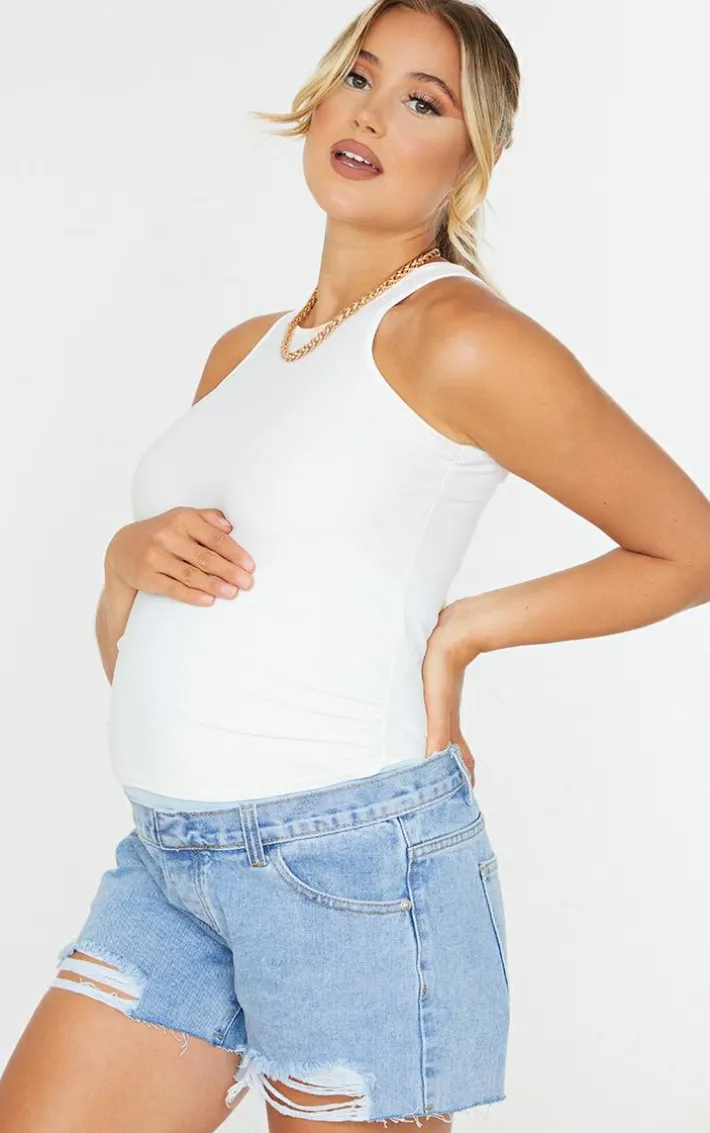 Maternity Blue Belly Band Light Wash Ripped Denim Shorts