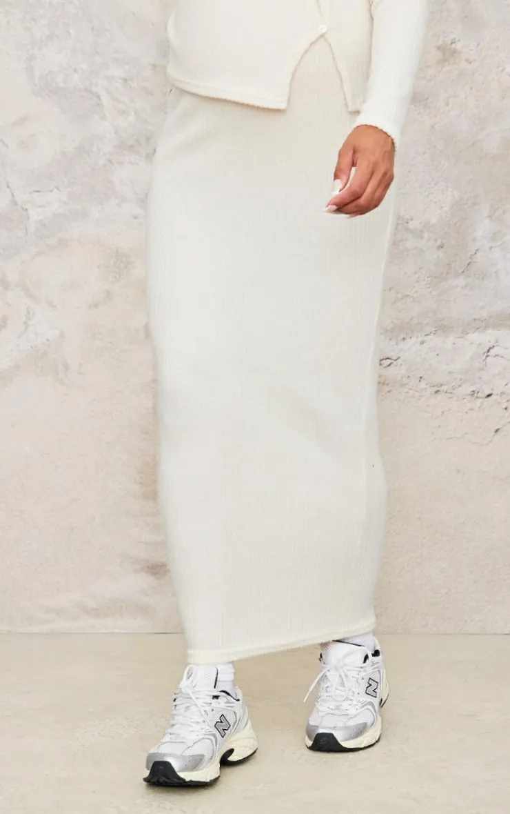 New PrettyLittleThing Maternity Brushed Rib Asymmetric Button Maxi Skirt Cream
