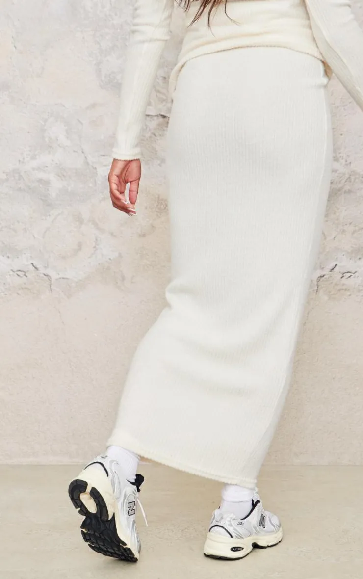 New PrettyLittleThing Maternity Brushed Rib Asymmetric Button Maxi Skirt Cream