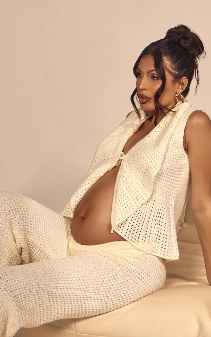 Discount PrettyLittleThing Maternity Open Knit Flare Pants Cream