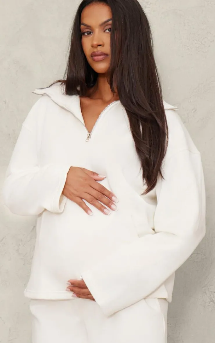 PrettyLittleThing Maternity Quarter Zip Long Sleeve Sweatshirt Cream