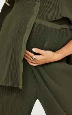Online PrettyLittleThing Maternity Plisse High Waisted Wide Leg Pants Dark Olive