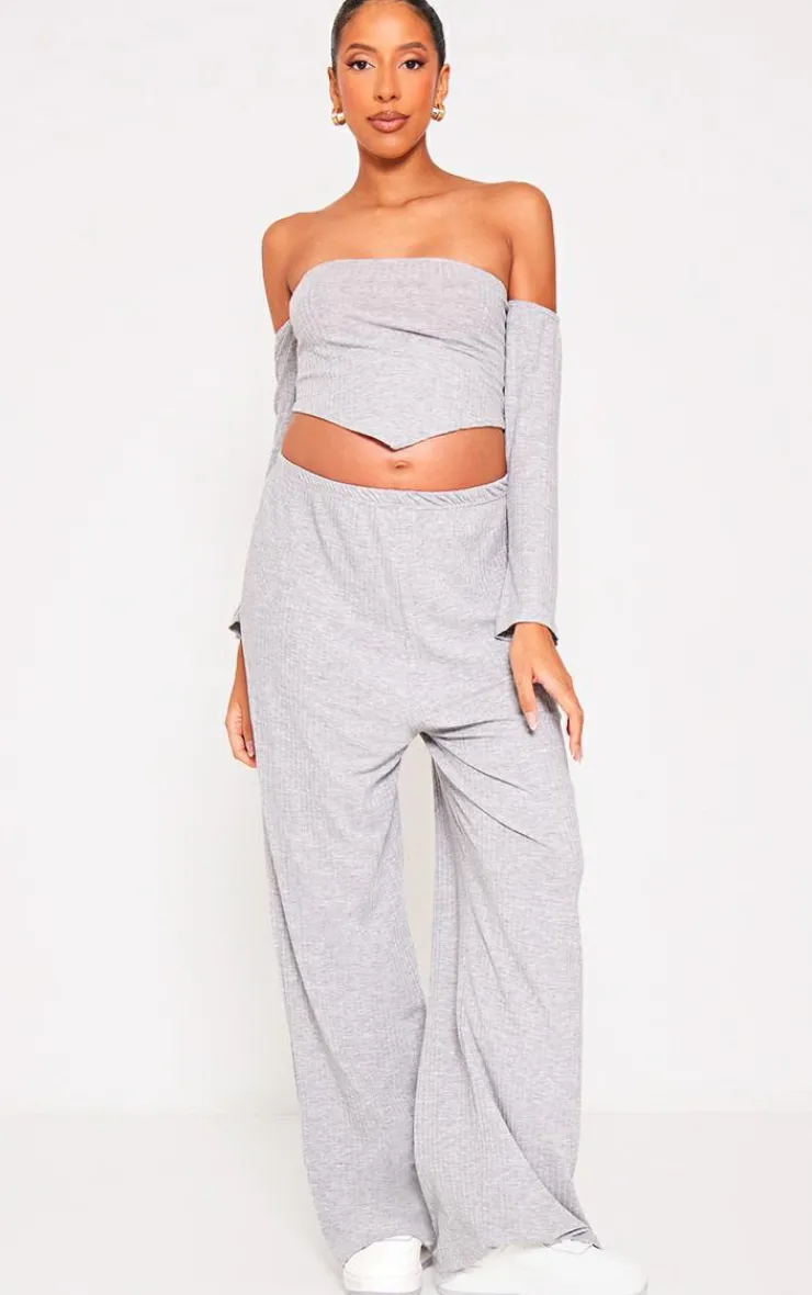 Sale PrettyLittleThing Maternity Off The Shoulder Point Hem Top Grey Marl