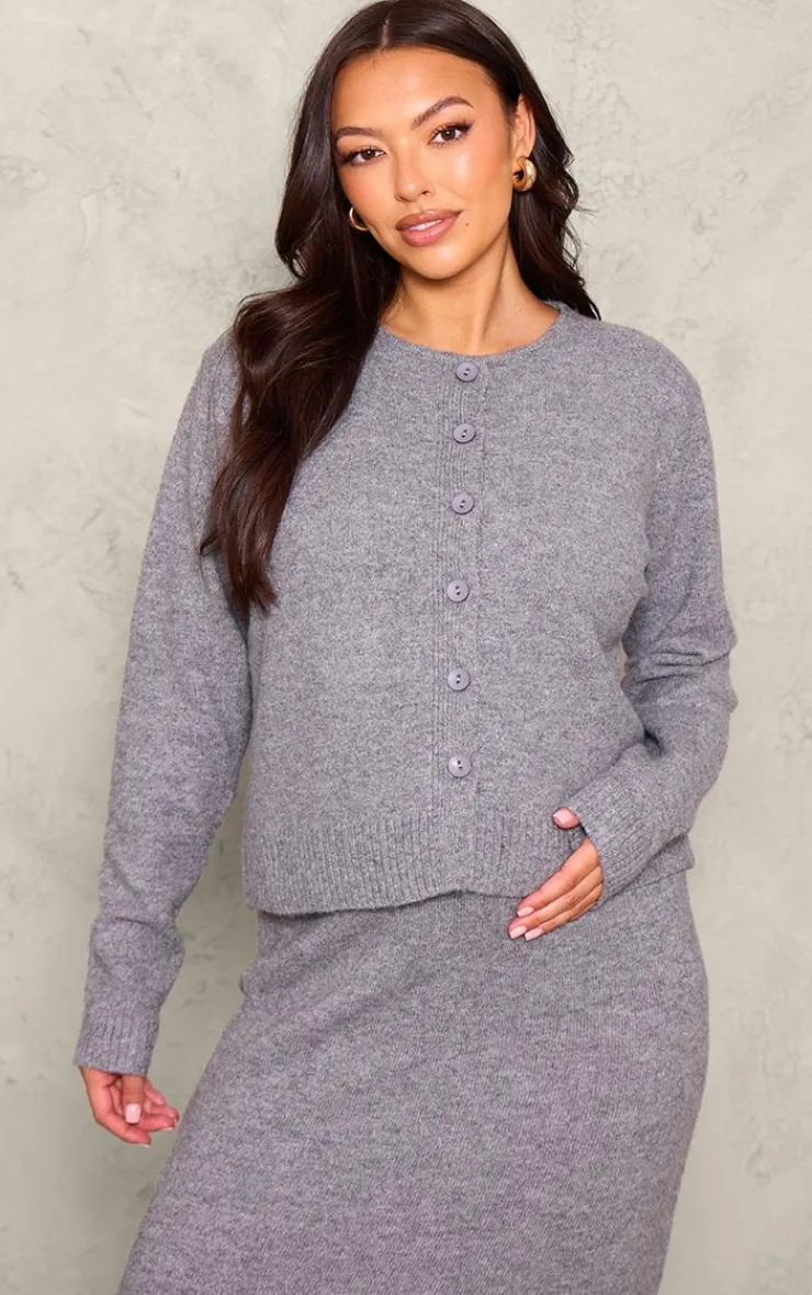 Discount PrettyLittleThing Maternity Melange Soft Knit Basic Button Up Cardigan Grey