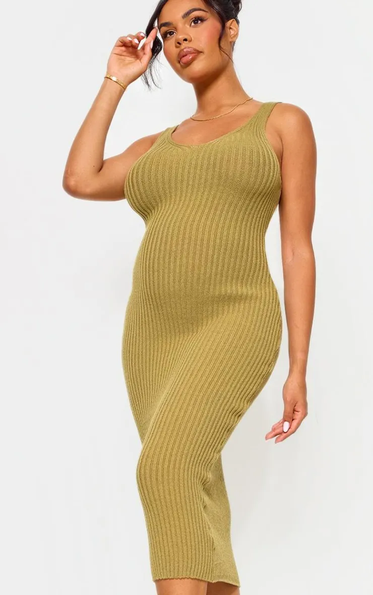 Maternity Knitted V Neck Midi Dress-PrettyLittleThing
