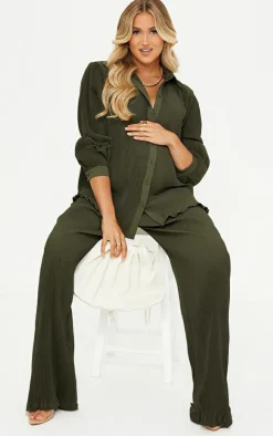 PrettyLittleThing Maternity Plisse High Waisted Wide Leg Pants Olive