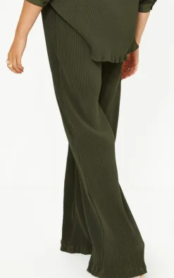 PrettyLittleThing Maternity Plisse High Waisted Wide Leg Pants Olive