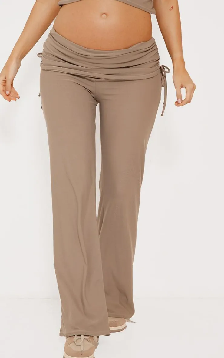 Outlet PrettyLittleThing Maternity Soft Touch Fold Over Waist Straight Leg Pants Taupe