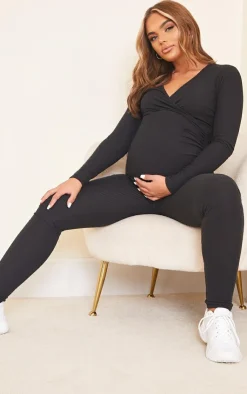 Online PrettyLittleThing Maternity Brushed Rib Leggings Black