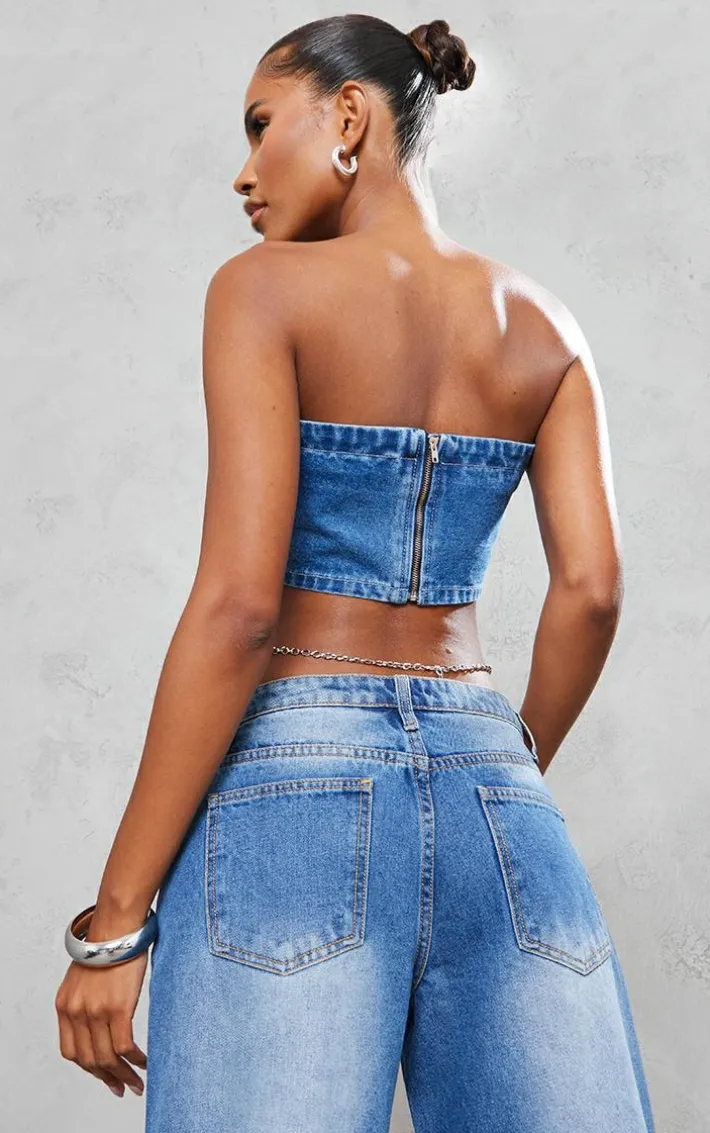 Mid Blue Wash Bandeau Crop Top