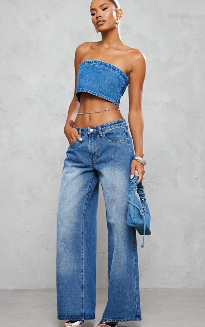 Mid Blue Wash Bandeau Crop Top