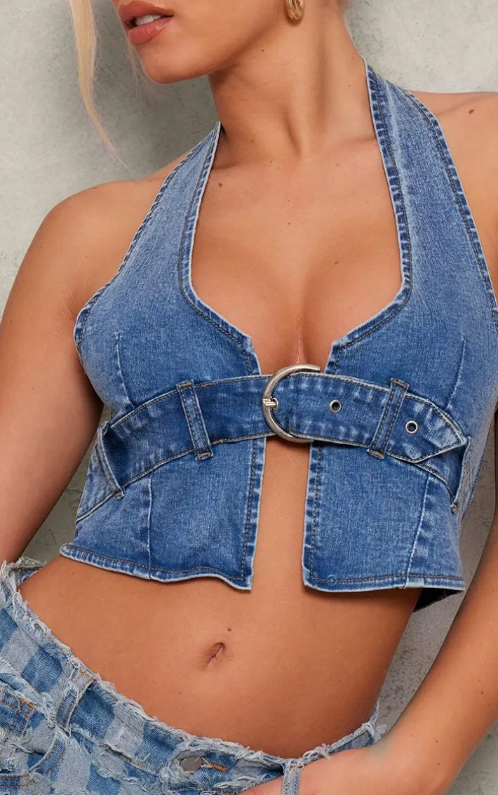 Mid Blue Wash Buckle Plunge Denim Top