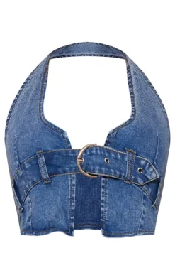 Mid Blue Wash Buckle Plunge Denim Top