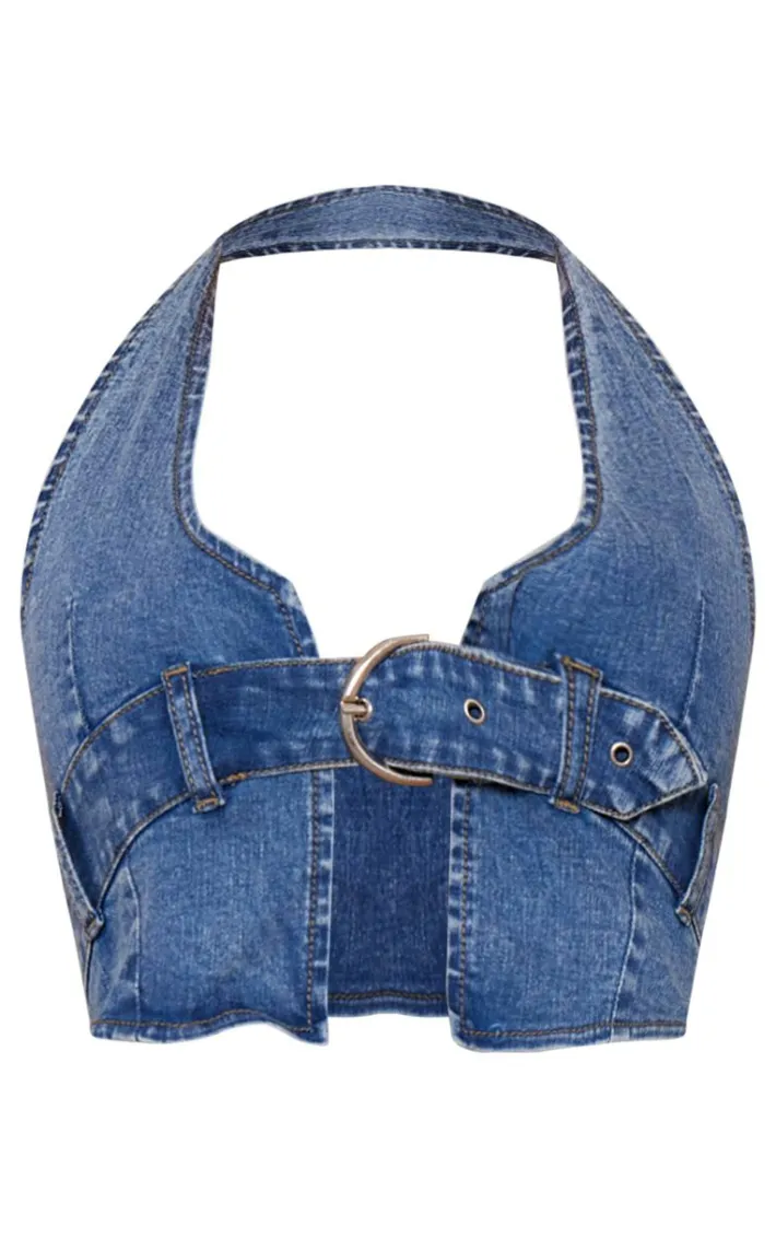 Mid Blue Wash Buckle Plunge Denim Top