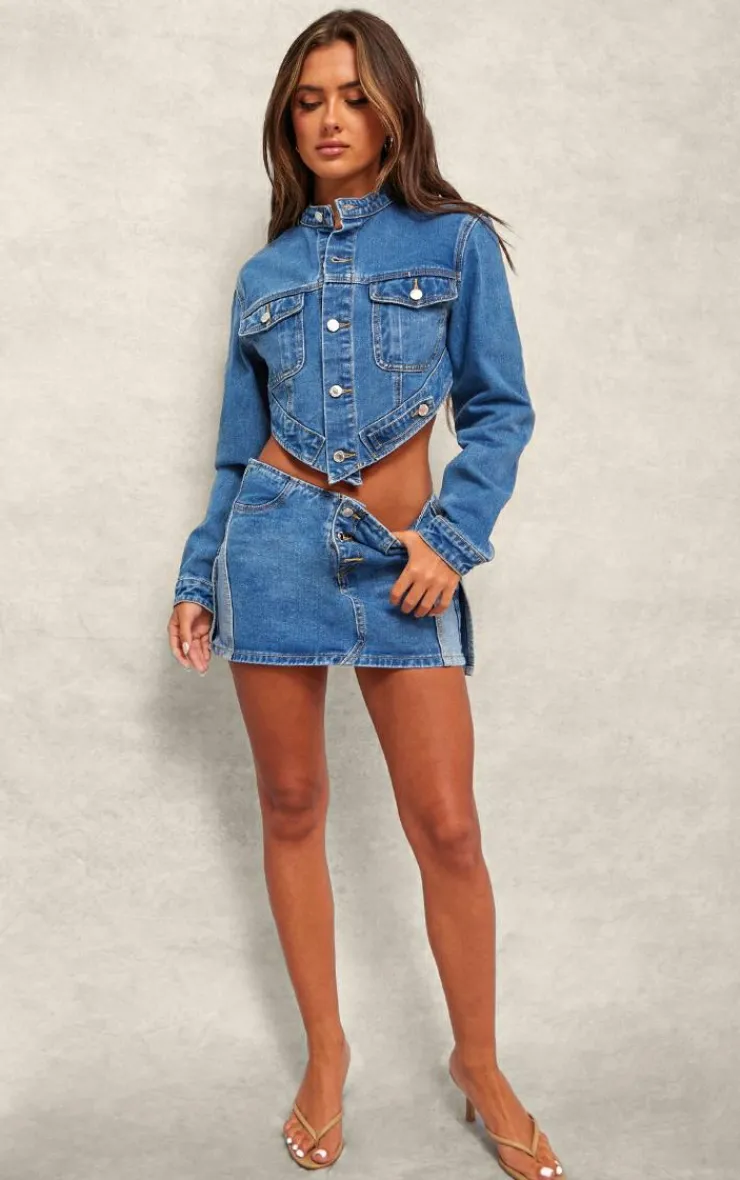 Clearance PrettyLittleThing Contrast Panel Button Detail Denim Mini Skirt Mid Blue Wash