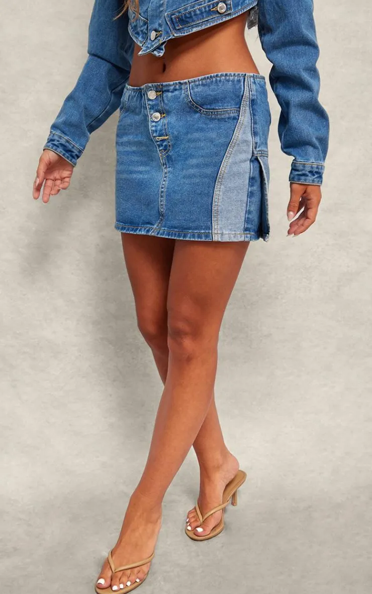 Clearance PrettyLittleThing Contrast Panel Button Detail Denim Mini Skirt Mid Blue Wash