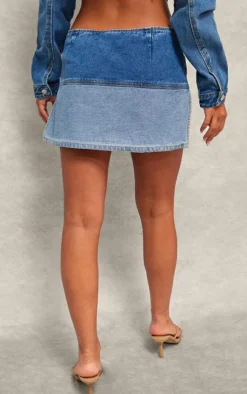 Clearance PrettyLittleThing Contrast Panel Button Detail Denim Mini Skirt Mid Blue Wash