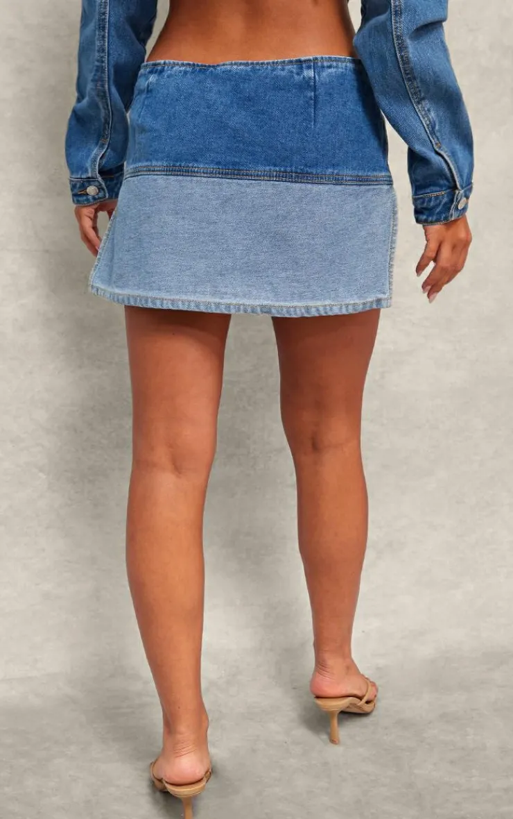 Clearance PrettyLittleThing Contrast Panel Button Detail Denim Mini Skirt Mid Blue Wash