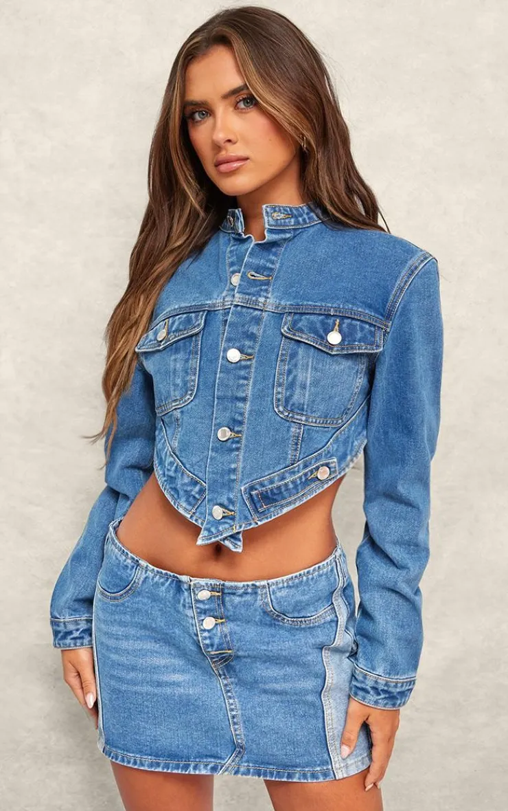 Clearance PrettyLittleThing Contrast Panel Button Detail Denim Mini Skirt Mid Blue Wash