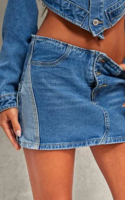 Clearance PrettyLittleThing Contrast Panel Button Detail Denim Mini Skirt Mid Blue Wash