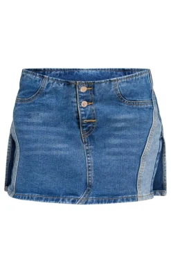 Clearance PrettyLittleThing Contrast Panel Button Detail Denim Mini Skirt Mid Blue Wash