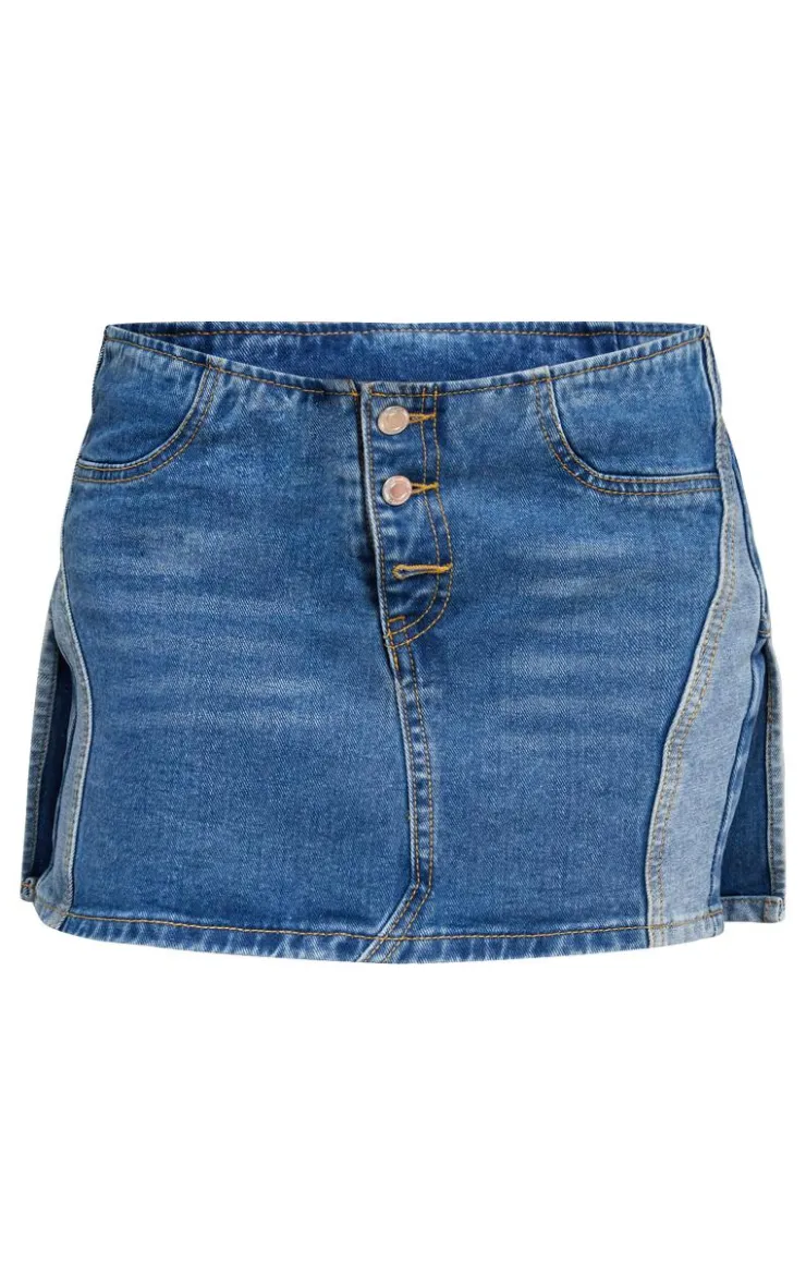 Clearance PrettyLittleThing Contrast Panel Button Detail Denim Mini Skirt Mid Blue Wash