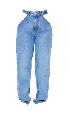 Mid Blue Wash Cut Out Waist Band 90'S Baggy Boyfriend Jeans