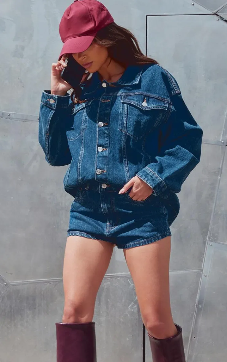 New PrettyLittleThing Seam Detail Pocket Detail Button Up Denim Jacket Mid Blue Wash