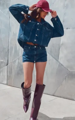 New PrettyLittleThing Seam Detail Pocket Detail Button Up Denim Jacket Mid Blue Wash