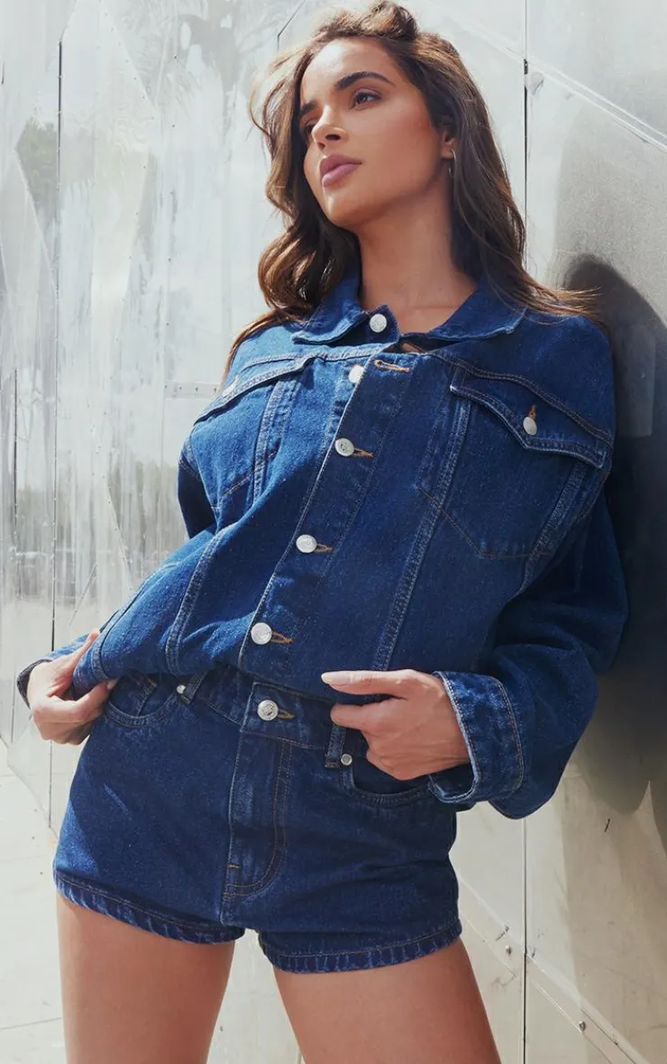 New PrettyLittleThing Seam Detail Pocket Detail Button Up Denim Jacket Mid Blue Wash