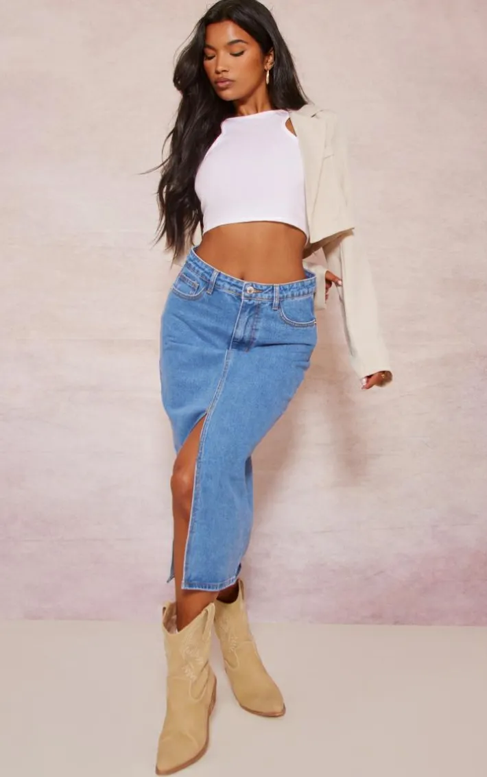 Mid Blue Wash Split Front Mid Rise Denim Midi Skirt