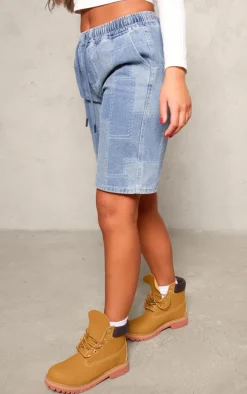 Mid Blue Wash Textured Longline Denim Shorts