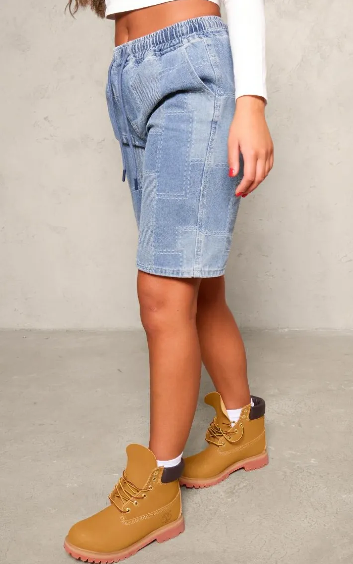 Mid Blue Wash Textured Longline Denim Shorts