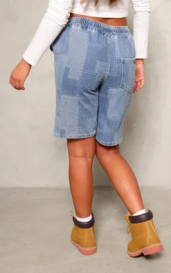 Mid Blue Wash Textured Longline Denim Shorts