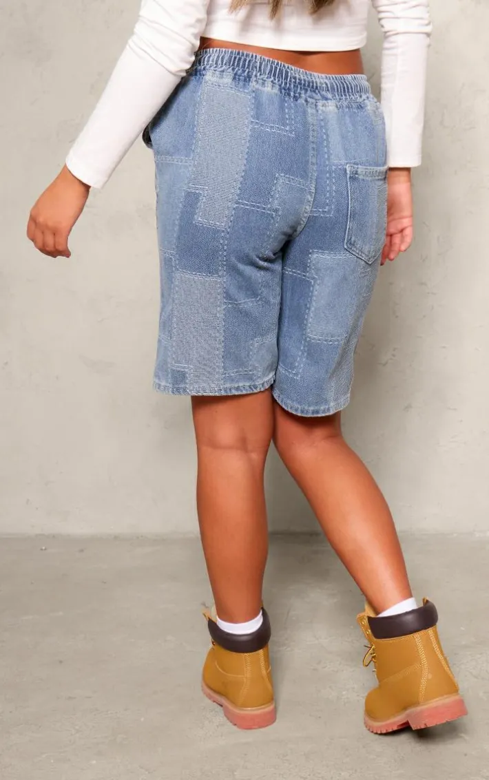 Mid Blue Wash Textured Longline Denim Shorts